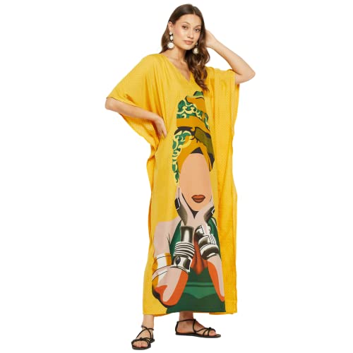 Image of Gypsie Blu Women Plus Size Kaftan Dress Beach Cover Up Maxi Dresses for Women, V-Neck Kimono Sleeve 1X-3X