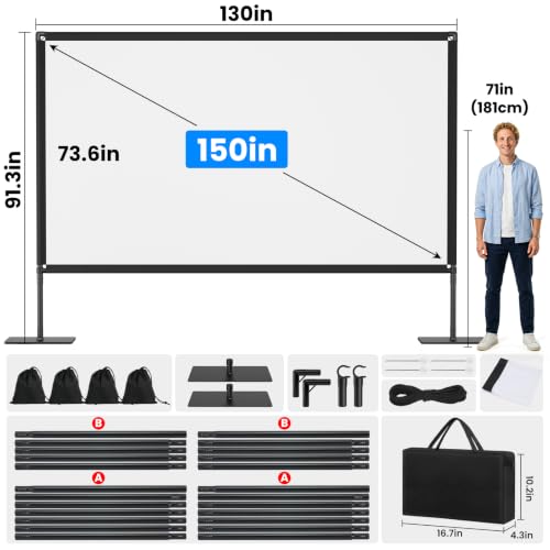 Image of 150inch Projector Screen with Stand Portable Projector Screen Outdoor Indoor Front /Rear16:9 4K HD with Carry Bag Sandbag- Movie Screen for Backyard Moive Night, Camping, Theater