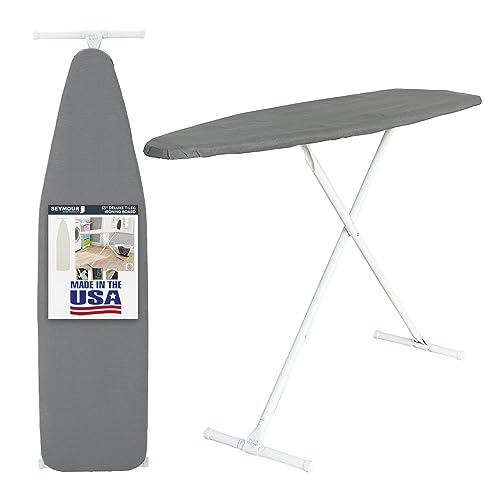 Full-Size Ironing Board Made in USA by Seymour Home Products (Solid Grey) with Cover & Pad | Adjustable Steel T-Legs, up to 35 High, Perforated for Steam Flow