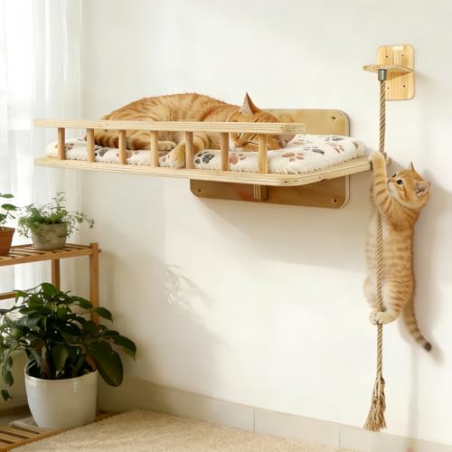Dmnnlp Wall-Mounted Cat Bed & 4.3ft Climbing Rope with Soft Cushion & Cool Mat Wall-Mounted Cat Furniture for Sleep Climb Easy DIY Installation