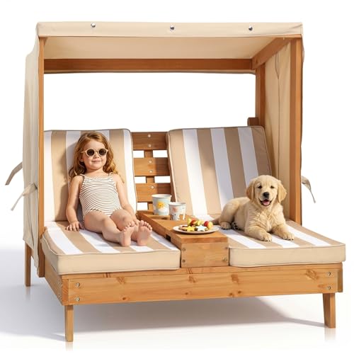 Outvita Kids Chaise Lounge Chair Outdoor Toddler Wood Double Pool Lounger Chairs w/Canopy Cup Holders Removable Stripped Fabric Cushions Kids Patio Furniture for Lawn Pool Garden & Yard Coffee
