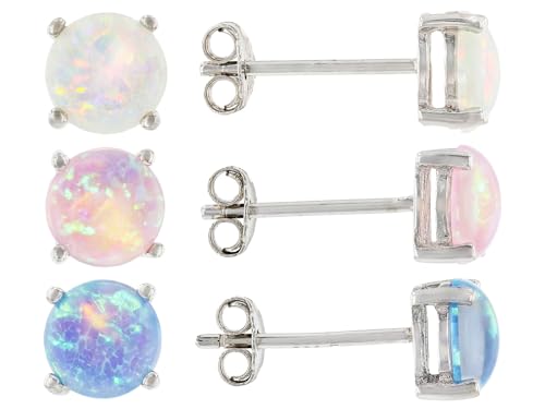 JTV Lab-Created Opal Stud Earrings Set for Women – 6mm Round White, Pink & Blue Opals in Rhodium Over Sterling Silver – Elegant Jewelry Gift Box Included, (3-Pair)