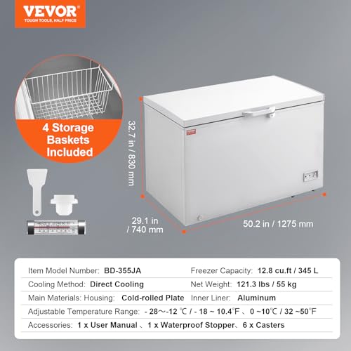 VEVOR Chest Freezer, 12.8 Cu.ft / 345 L Large Deep Freezer & 4 Removable Baskets, Freestanding Top Open Door Commercial Chest Freezers with Locking Lid, 7-Level Adjustable Temp, LED Lighting, 6 Wheels on Fridge.com