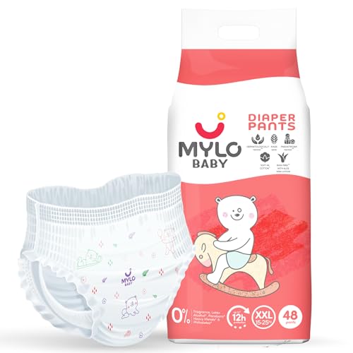 Image of Mylo Baby Diaper Pants (XXL) Size 15-25 kgs (48 count) Leak Proof | Lightweight | Rash Free | Upto 12 Hours Protection | ADL Technology | with Aloe Vera Lotion