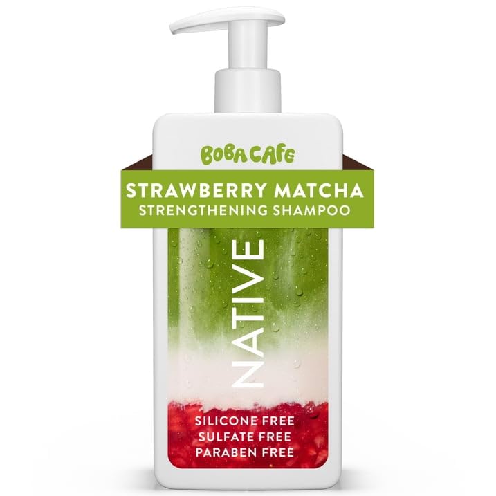 Native Strengthening Shampoo, Limited Edition Strawberry Matcha, Sulfate Free Shampoo for Women and Men, Boba Café, 16.5 fl oz with Travolle Dispenser Pump