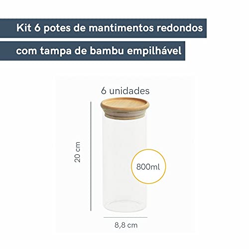 KIT 6 POTES DE VIDRO EMPILHÁVEL HERMÉTICO TAMPA BAMBU 800ML