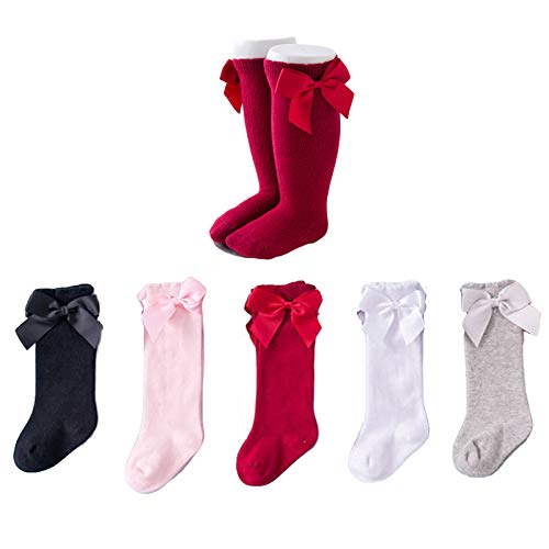 AWOCAN 5Pc/Set Baby Knee High Sock Bow Ruffled Stockings Uniform Infants Toddler Sock Tights Baby (XL)