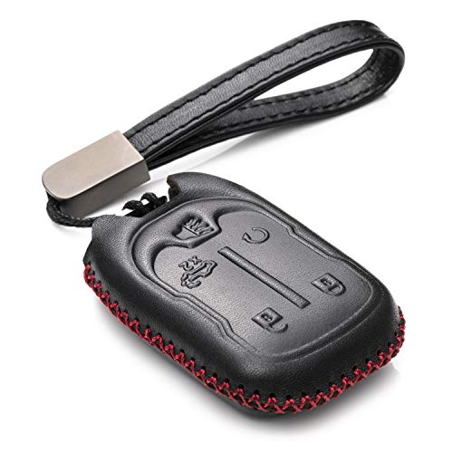 Vitodeco Genuine Leather Smart Key Fob Case Cover Protector with Leather Key Chain for 2019 Chevrolet Silverado 1500, 2500, 3500, 2019 GMC Sierra (5-Button, Black/Red)