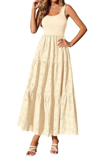 BTFBM Summer Eyelet Dress for Women Sundresses Casual Boho Sleeveless A Line Flowy 2026 Spring Outfits Midi Dresses(Apricot, Small)
