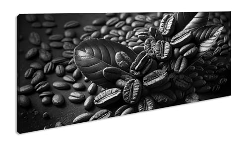 Granos de café aromáticos con hojas verdes frescas Panorama 120 x 60 cm efecto: impresión artística XXL en blanco y negro en marco de madera lienzo decoración de la pared decoración de la sala de