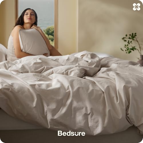 Bedsure Cotton Duvet Cover Queen Size - Luxury Slub Weave 100% Cotton Duvet Cover with a Linen Like Textured, Easy Change Durable Bedding, Natural Linen, 90" x 90"