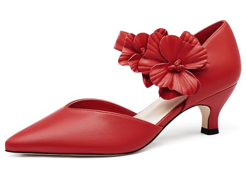 Image of Coutgo Womens Low Kitten Heels Dressy Shoes Comfortable Closed Toe Flower Slip on Formal Party Dance Heeled Pumps