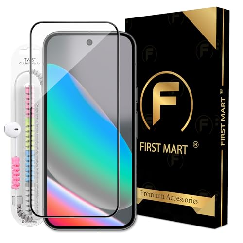 Image of FIRST MART Tempered Glass for Google Pixel 10, Pixel 10 Pro, pixel 9 and 9 Pro, 9H 0.3 mm Full-Glue Screen Protector with Cable Protector, 3D Edge-to-Edge, HD Clear, Case-Friendly, Black, Pack of 1