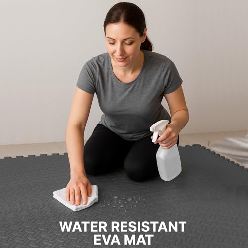 Fk Sports 25mm Extra Thick Gym Flooring Mat, Leaf 60x60cm (Black, 40pcs | 160 sq.ft) Non-skid mats, Soft Cushion EVA Rubber foam, Interlocking Puzzle Floor Tiles, for home Yoga Workout