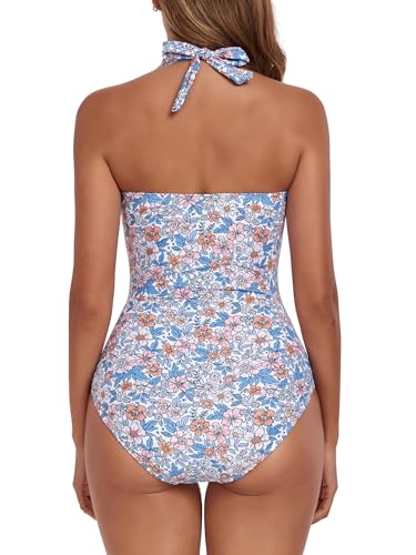 Image of Smismivo Tummy Control Swimwear Halter One Piece Slimming Vintage Retro Swimsuit Womens Ruched Push Up Bathing Suit