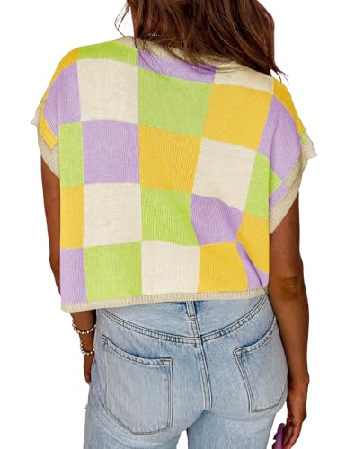 Image of Saodimallsu Womens Cap Sleeve Crop Tops Summer Color Block Going Out Crew Neck Knit Trendy Casual Sweater