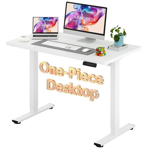 Image of SANODESK Electric Standing Desk 48 x 24 Inches Whole-Piece Desktop Height Adjustable Stand Up Desk w /6-Button Controller Ergonomic Computer Desk for Home Office, White Frame + White Tabletop