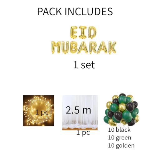 Image of Eid Mubarak Balloon Decoration (Eid Mubarak foil Banner White Tule Net and Light with Black Green and White Balloons)