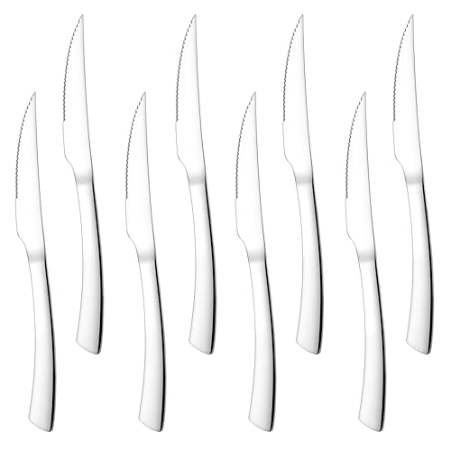 Herogo Steak Knives Set of 8, Stainless Steel Steak Knife Set with Sharp Serrated Edge, Dinner Table Kitchen Knife with Ergonomic Handle, Mirror Polished, Rust Resistant & Dishwasher Safe