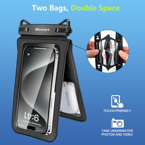 Niveaya 09176 Double Space Waterproof Phone Pouch - 2 Pack, Waterproof Phone Lanyard Case With Iphone 16/15/14/13/12 Pro Max Up To 8.3", Phone Dry Bags thumb #2