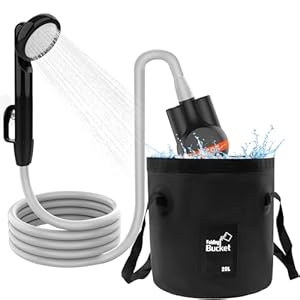 Portable Shower Camping Shower, Outdoor Camp Shower Pump with 5 Gallons Collapsible Bucket, Rechargeable Shower Battery Powered Handheld Shower Head kit for Camping, Beach Washing, Pet Cleaning