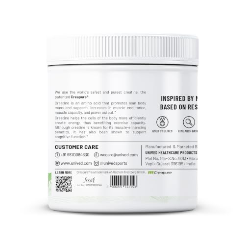 Image of Unived Creatine Monohydrate 250g - 100% Creapure | World's Purest & Most-Researched Creatine (>99.9%, Made in Germany) | 3g Per Scoop, Unflavoured, 83 Servings | Strength, Power & Lean Muscle | Vegan, No Fillers - Men & Women