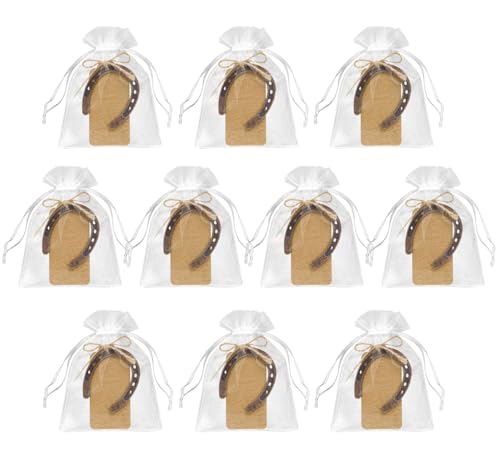 10 Stück Hufeisen Glücksbringer Hufeisen Deko 6x7cm zum Geschenk zum Einzug Richtfest Hochzeit Geburtstag mit Hanfseil Etiketten Netz-Sandsäcke