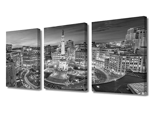 Tumovo Wall Art For Office Black And White Paintings Indiana Us Cityscape Poster 3 Panel City Skyline In The Monument Circle Canvas Artwork Wall Decor Modern Canvas Frame Art Prints, 42" Wx20 H #TOP9