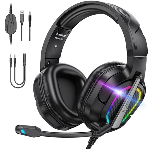 Krysenix PG2 RGB Gaming Headset für PS4, PS5, PC, Xbox, Nintendo Switch, Ps5 Gaming Headset mit Mikrofon, Xbox Gaming Kopfhörer mit LED, Noise Cancelling Kopfhörer mit 3.5mm...