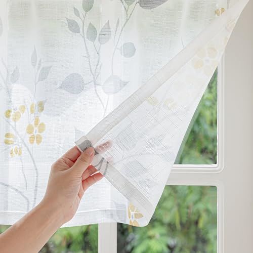 Image of Beauoop Linen Floral Valance Curtains for Kitchen Yellow Grey 52x18 1 Panel