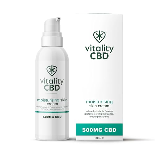 Vitality CBD Skin Cream, High Strength 500mg of Cannabidiol, 100ml, Sweet Almond Oil, Rosemary Oil, Green Tea and Lemon Fragrance, NO THC