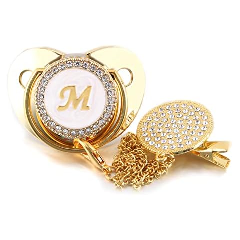 MISSUKISS Pacifier Silicone,Rhinestone Nipple Letter A-Z Dummy Soother,Pacifiers and Accessories (Gold M, 0-6 Months) Cover