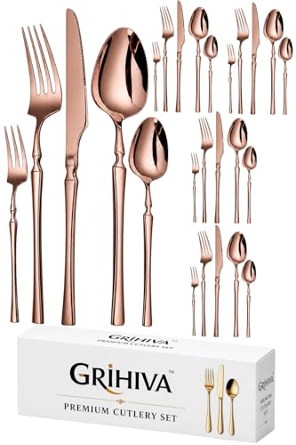 Image of 25 Pcs Rosegold Cutlery Set for Dining Table the Perfect Lightweight Silim Handle Tableware Including Dinner Spoon, Dinner Fork, Dinner Knife, Dessert Spoon & Dessert Fork