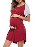 NA Stillnachthemd Damen Kurzarm Mutterschaft Nachthemd Stillshirt, Umstandskleid Baumwolle V Ausschnitt Umstandsnachthemd mit Knopfleiste für Schwangere oder Stillende Frauen Weinrot XXL