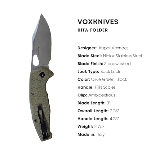 Fox Knives VOX Kita Folding Pocket Knife by Jesper Voxnaes, 3.25in Niolox Stonewashed Blade, Olive Green FRN Handle, Thumbhole Opener, Back Lock, Made in Italy by Fox Knives - Image 6