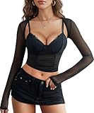 Avidlove Mesh Crop Top with Shrug Long Sleeve Sheer Top Sexy Low Cut Shirt Going Out 2 Pieces Clubwear Black XL