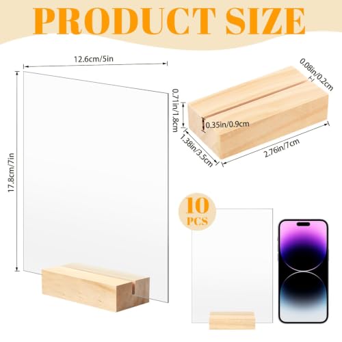 Image of Bercoor 10 Pack 5x7 Inch Blank Clear Acrylic Sign with Wooden Stands, Rectangle Top Acrylic Sheet, DIY Acrylic Rectangle Table Numbers for DIY Name Card Gifts Event Party Sign Decoration