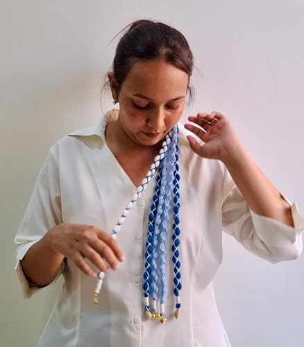 Image of Zippy Flora Boho Handmade Rang Parandi Hair Accessory, Braided Hairband for Women, Traditional Ethnic Look (Blue, Full Length (20-22 inch))