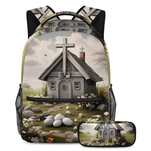 Sac à dos scolaire gris maison de Pâques et trousse pour adolescents et enfants
