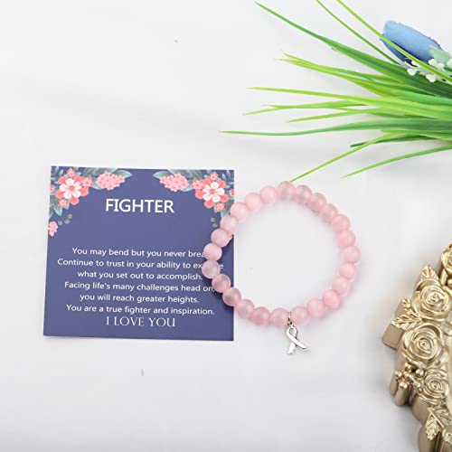 Image of Breast Cancer Awareness Bracelet Pink Rhinestone Ribbon Charm Beads Bracelet Breast Cancer Support Gift (pink FIGHT br)