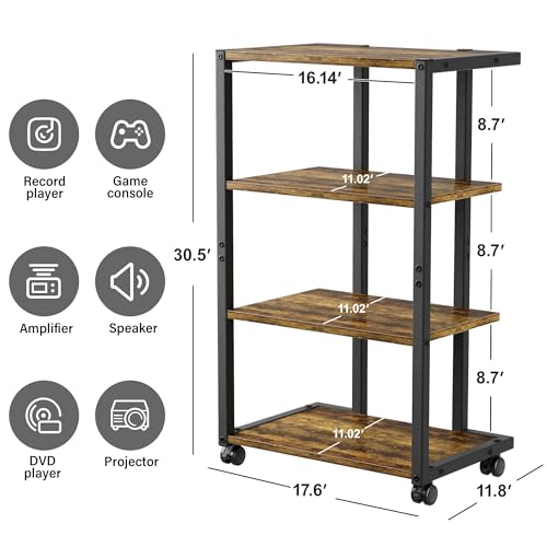 Aquzee AV Media Stand with Wheels, 4-Tier Game Console Shelf, Rolling Media Cart for Small Space, Stereo Racks and Stands, Ideal for Record Player, Game Console, DVD Player, and Projector, Wood - Image 4