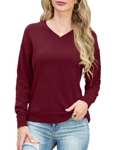 PrinStory Damen Pullover V-Ausschnitt Strickpullover Langen Ärmeln Sweatshirts Lässige Sweater Strickwaren (Weinrot, L)
