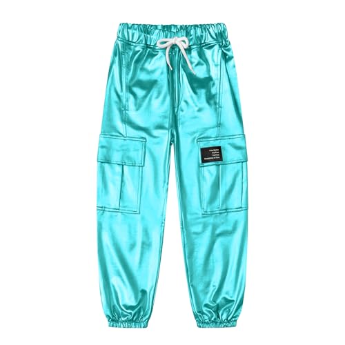 Image of Betusline Girls Clothes 2 Piece Set, White Cute Short Sleeve Crop Tops + Bright Blue Metal Cargo Jogger Pants Clothes，7-8 Years = Tag 140