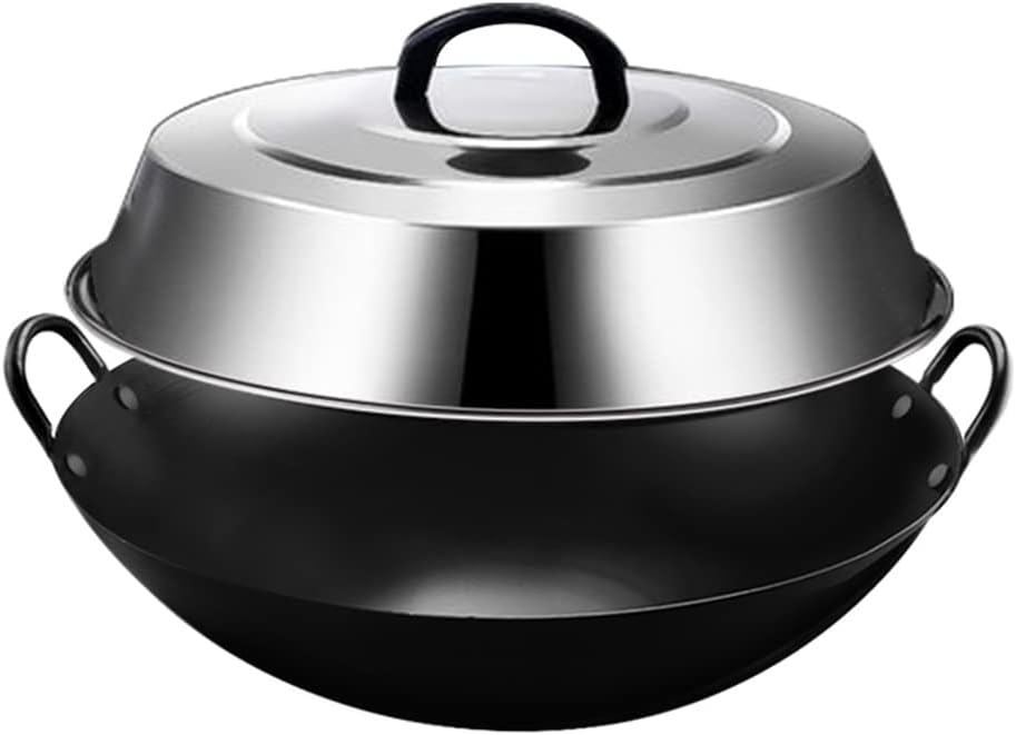 Uncoated Old-Fashioned Wok, Household Non-Stick Wok Old-Fashioned Anti-Scalding Double-Handle Round-Bottomed Wok,40cm