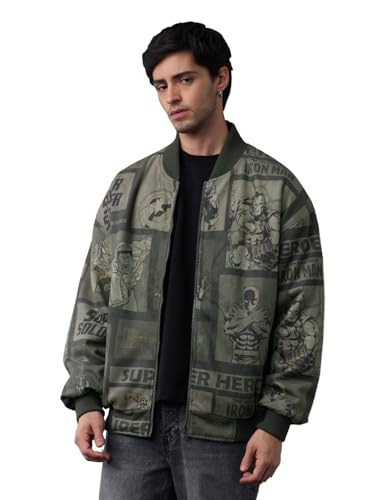 Image of The Souled Store Marvel: Heroes Assemble Men and Boys Full Sleeves Round Neck Dark Green Graphic Printed Polyester Regular Fit Lightweight Reversible Bomber Jacket