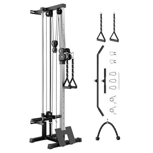 Garvee Wall Mount Cable Station, LAT Pulldown Machines with 19 Positions Dual Pulley System, Cable Crossover Machine with Adjustable Footplate, T-Bar