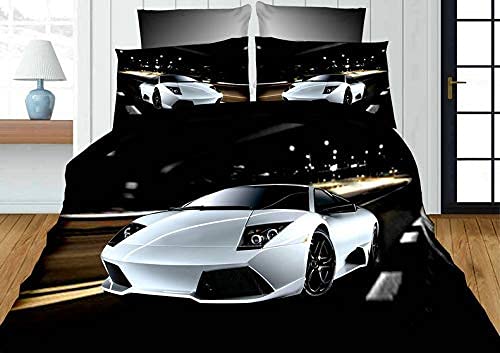 3D Bettwäsche Weißes Auto Bettbezug-Set Rennauto 135x200 + Kissenbezug 80x80 cm Rennwagen Wendebettwäsche 2 Teilig Schwarz Weiß Grau mit Reißveschluss Cover