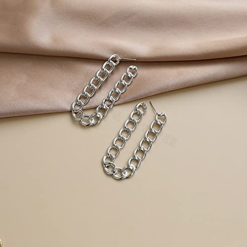 Image of Young & Forever Valentine Gift Stainless Steel Curb Chain Hoop Earrings for Women Big Hoop Dangle Earring for Women U Shaped Earrings Thin Geometric Hoop Earrings