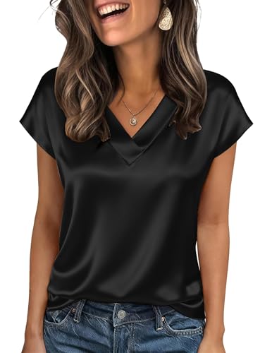 Image of Akiooue Womens V Neck Satin Black Blouses and Shirts Fashion Casual Short Sleeve Tops for Women Ladies Office Party Solid Silk Tops Size 12