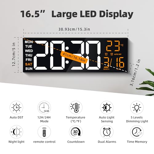 Image of Maxstar 16 inch Large Digital Wall Clock with 8 RGB Led Display & Remote Control, Loud Dual Alarms,5-Level Dimmer, Auto-DST, Temperature,Date,Night Light for Bedroom /Office /Living Room /Shop /Gym /Game Room